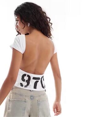 ASOS White Backless Crop Top with Graphic Waist